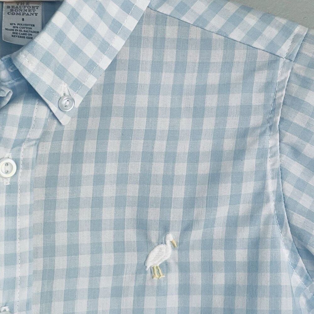 The Beaufort Bonnet Company Boys Shirt Sz 8 Gingham Light Blue Button Bird Logo